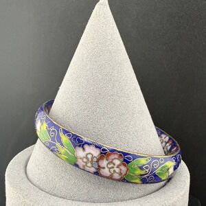 Vintage Estate Cloisonne Bangle Blue Floral Enamel Chinese 8" READ